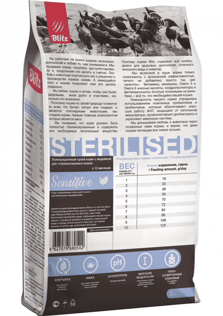 Blitz Sensitive Сухой корм для стерилизованных кошек с индейкой, Turkey Adult Sterilised Cat All Breeds