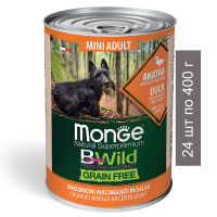 Влажный корм Monge Dog BWild GRAIN FREE Mini для взрослых собак мелких пород, беззерновой, из утки с тыквой и кабачками, 24 шт по 400 г