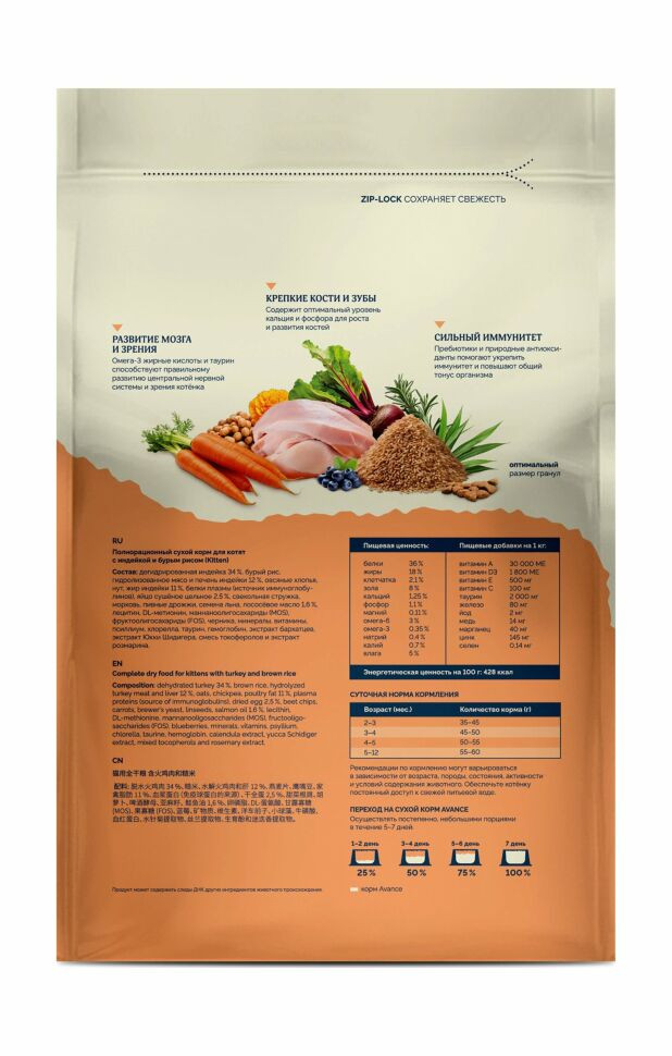 AVANCE полнорационный сухой корм для котят с индейкой и бурым рисом