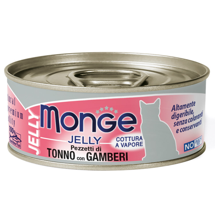 Влажный корм Monge jelly Adult cat для взрослых кошек с желтоперым тунцом и креветками, консервы