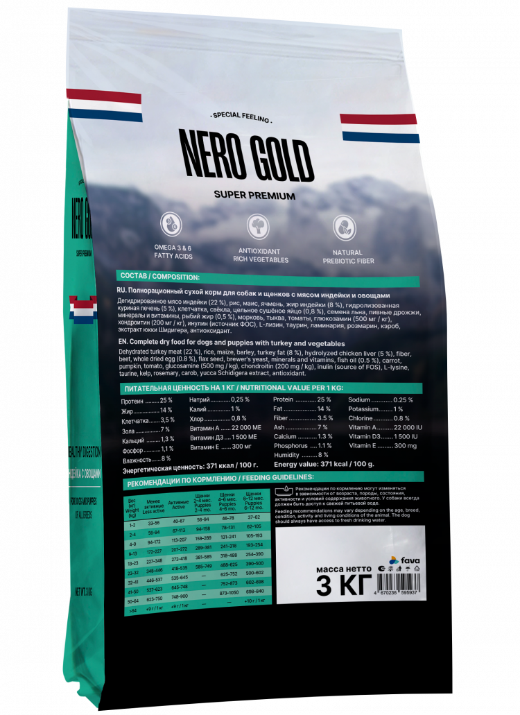 Сухой корм NERO GOLD super premium для собак и щенков всех возрастов с мясом индейки и овощами, DIGESTION