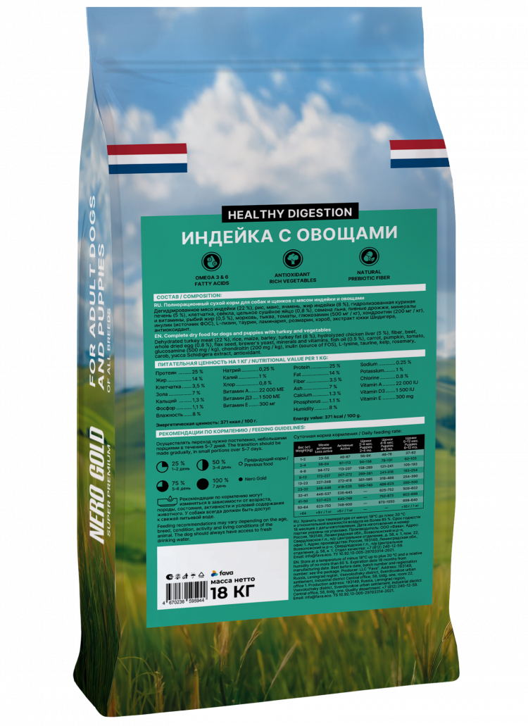Сухой корм NERO GOLD super premium для собак и щенков всех возрастов с мясом индейки и овощами, DIGESTION
