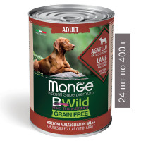  Влажный корм Monge Dog BWild GRAIN FREE для взрослых собак, беззерновой, из ягненка с тыквой и кабачками, 24 шт по 400 г