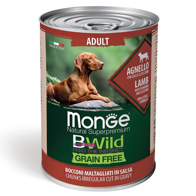  Влажный корм Monge Dog BWild GRAIN FREE для взрослых собак, беззерновой, из ягненка с тыквой и кабачками, 24 шт по 400 г