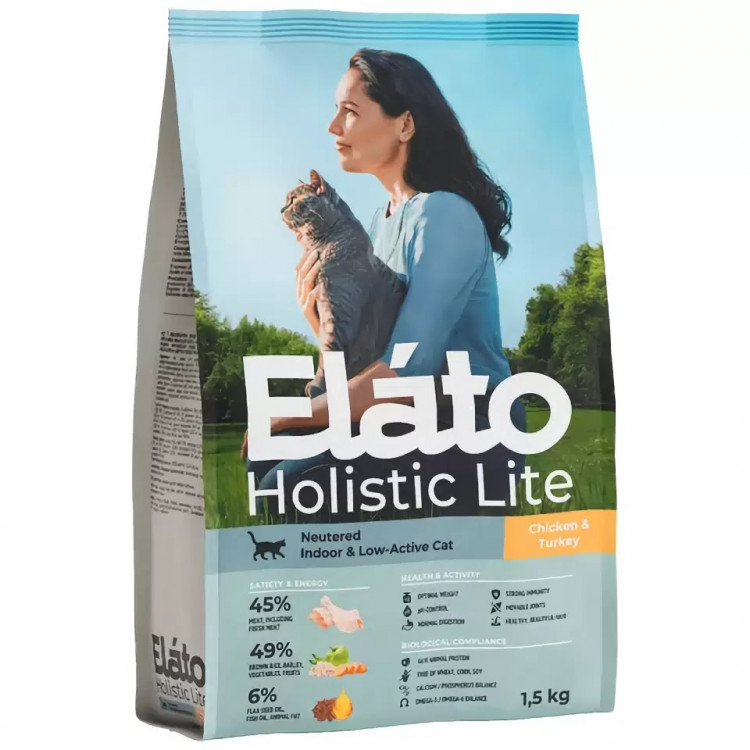 Сухой корм Elato Holistic Lite для кастрированных и стерилизованных кошек с курицей и индейкой