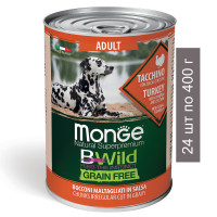 Влажный корм Monge Dog BWild GRAIN FREE для взрослых собак, из индейки с тыквой и кабачками, 24 шт по 400 г