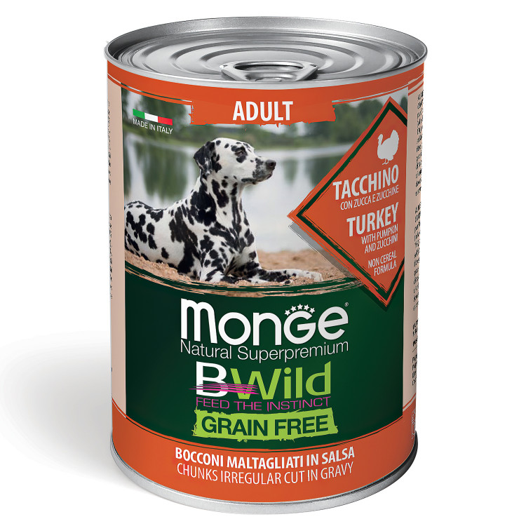 Влажный корм Monge Dog BWild GRAIN FREE для взрослых собак, из индейки с тыквой и кабачками, 24 шт по 400 г