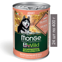  Влажный корм Monge Dog BWild GRAIN FREE для взрослых собак, беззерновой, из лосося с тыквой и кабачками, 24 шт по 400 г