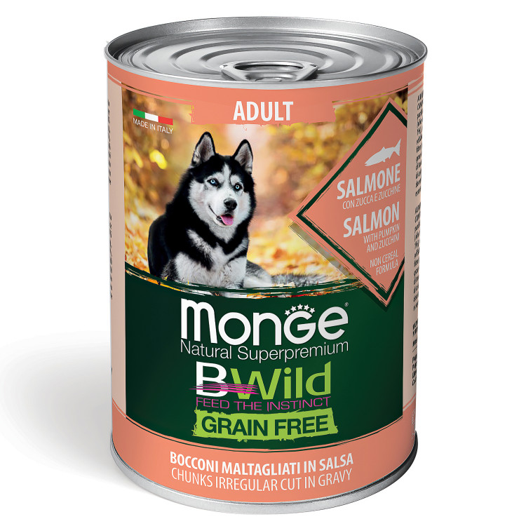  Влажный корм Monge Dog BWild GRAIN FREE для взрослых собак, беззерновой, из лосося с тыквой и кабачками, 24 шт по 400 г