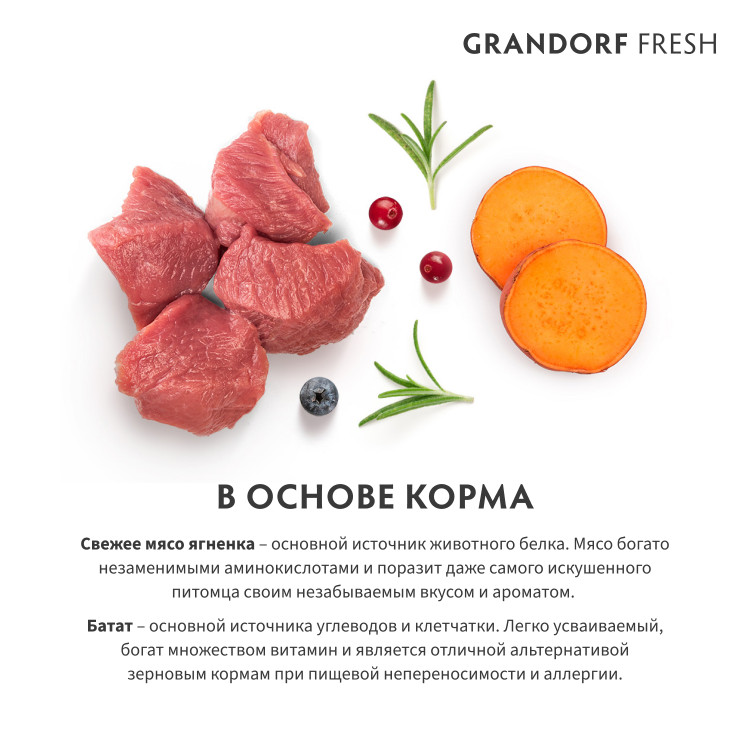 Сухой корм GRANDORF Fresh, свежее мясо ягненка с бататом для собак средних и крупных пород