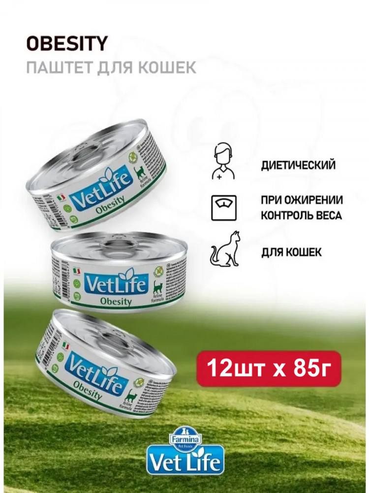 Влажный корм FARMINA Vet Life Obesity для кошек, снижение избыточной массы тела (упаковка 12шт по 85г)