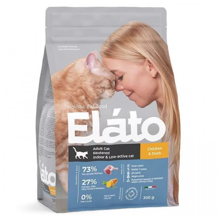 Сухой корм Elato Holistic для кастрированных, стерилизованных и малоактивных кошек с курицей и уткой