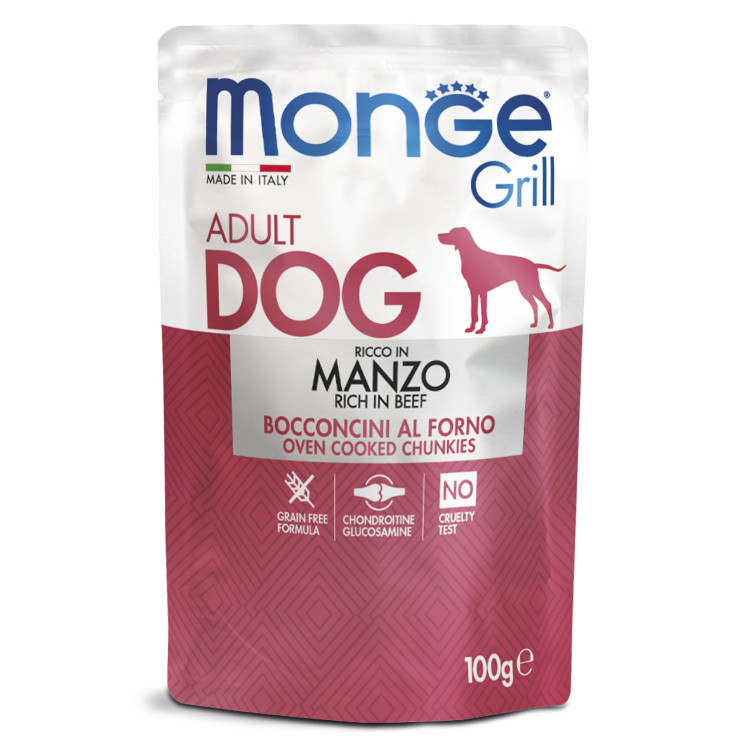  Влажный корм Monge Dog Grill для собак с говядиной, паучи, 24 шт по 100 г
