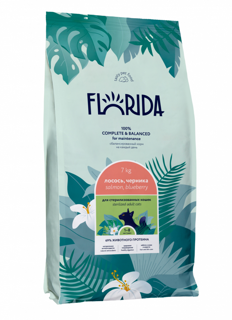 FLORIDA сухой корм для взрослых стерилизованных кошек с лососем и черникой