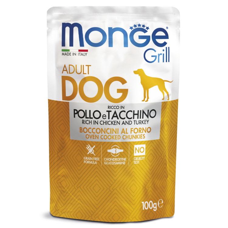 Влажный корм Monge Dog Grill для собак с курицей и индейкой, паучи, 24 шт по 100 г