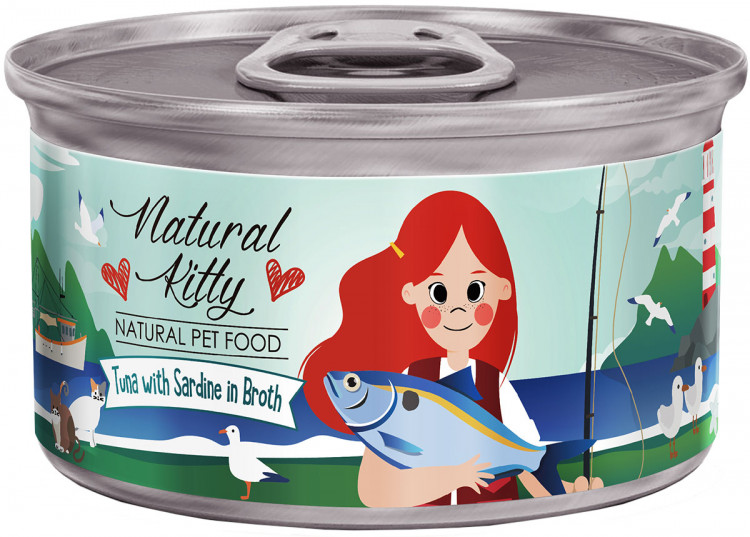 Влажный корм для кошек Петтрик, Pettric Natural Kitty - Tuna with sardine in broth, беззерновой с тунцом и сардинами в бульоне (упаковка 24 шт по 80 г)