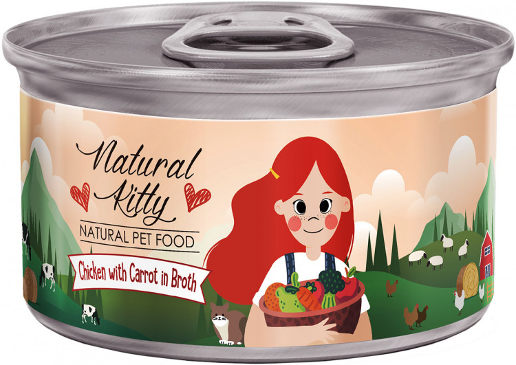 Влажный корм для кошек Петтрик, Pettric Natural Kitty - Chicken with carrot in broth, беззерновой с курицей и морковью в бульоне (упаковка 24 шт по 80 г)