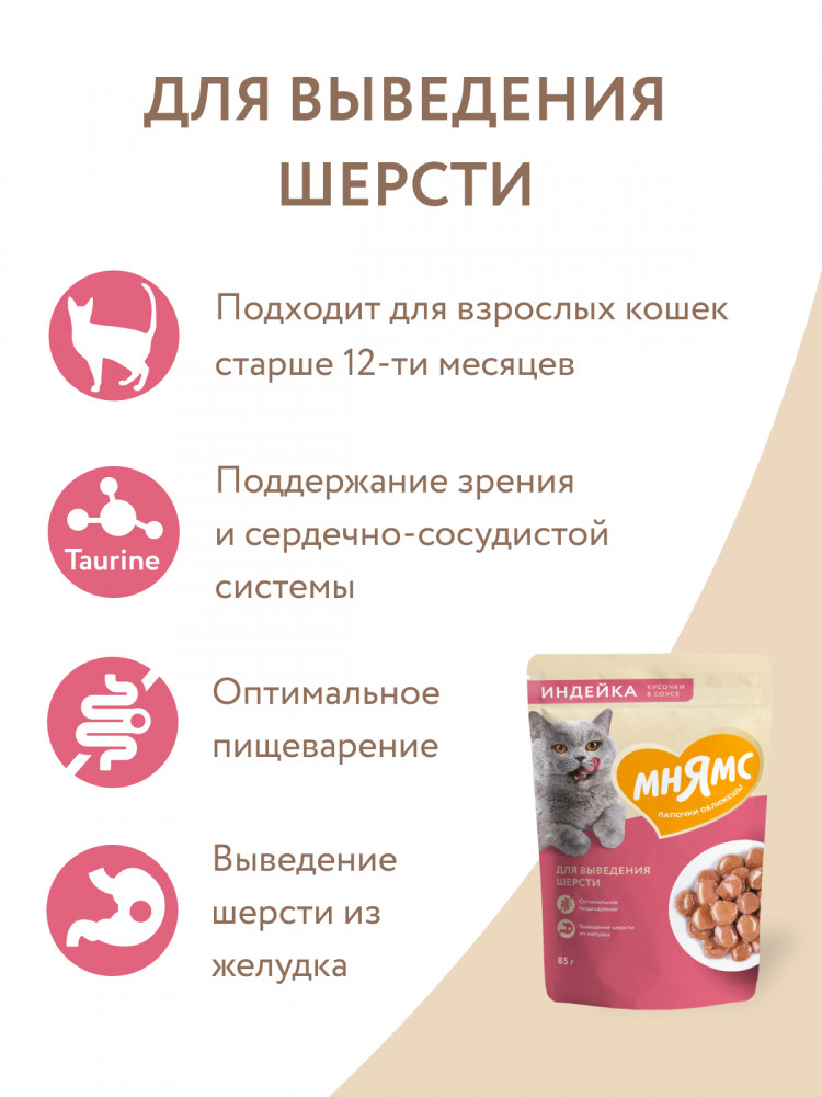 Влажный корм Мнямс На каждый день Кусочки в соусе с индейкой для выведения шерсти у кошек (упаковка 24 шт по 85 гр)