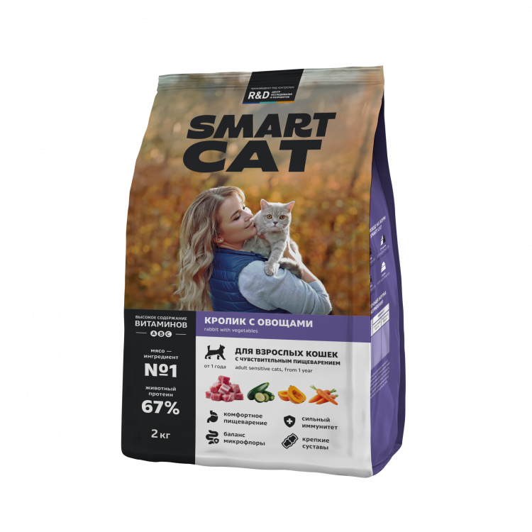 Сухой корм Smart Cat для взрослых кошек с чувствительным пищеварением, с кроликом и овощами