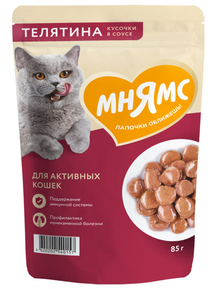 Влажный корм Мнямс На каждый день Кусочки в соусе с телятиной для активных кошек (упаковка 24 шт по 85 гр)