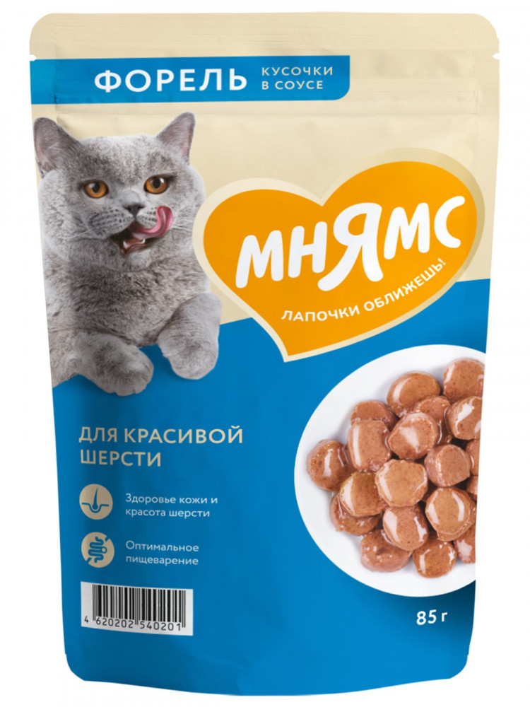 Влажный корм Мнямс На каждый день Кусочки в соусе с форелью для красивой шерсти кошек (упаковка 24 шт по 85 гр)