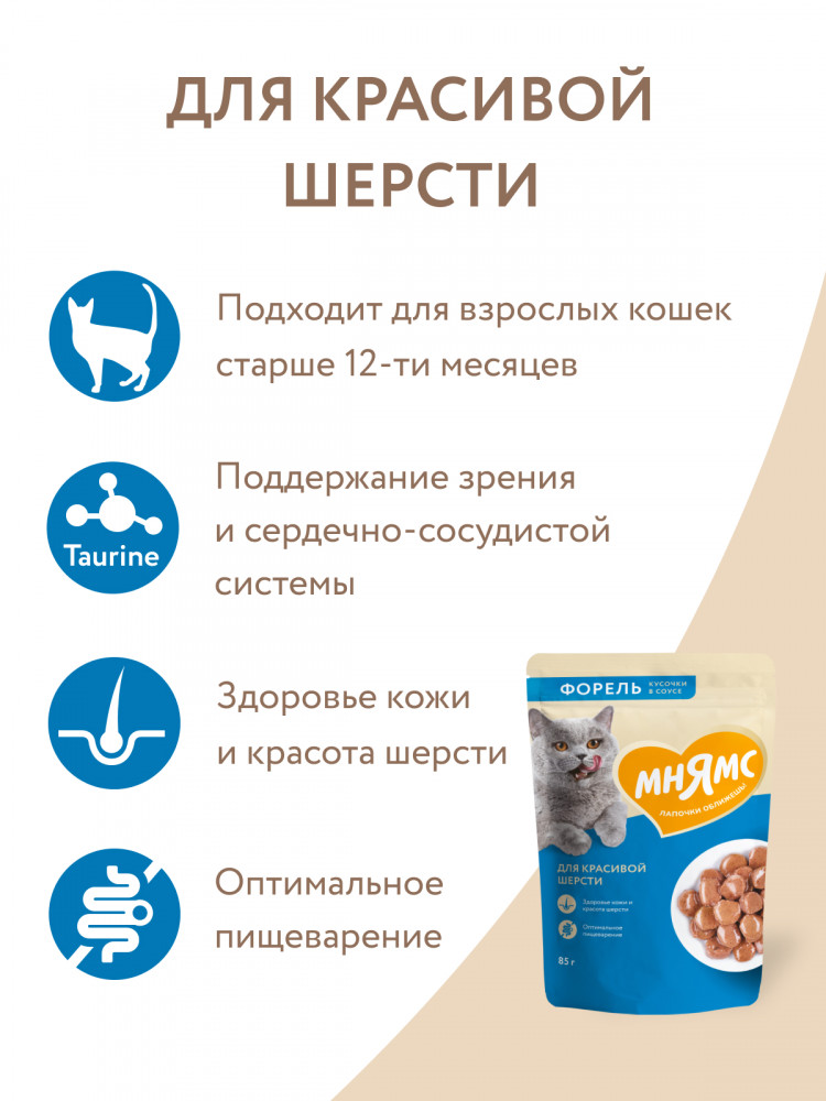 Влажный корм Мнямс На каждый день Кусочки в соусе с форелью для красивой шерсти кошек (упаковка 24 шт по 85 гр)