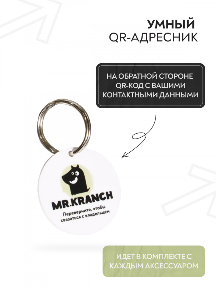 Ошейник Mr.Kranch для собак из натуральной кожи с QR-адресником 33-40см нежно-зеленый
