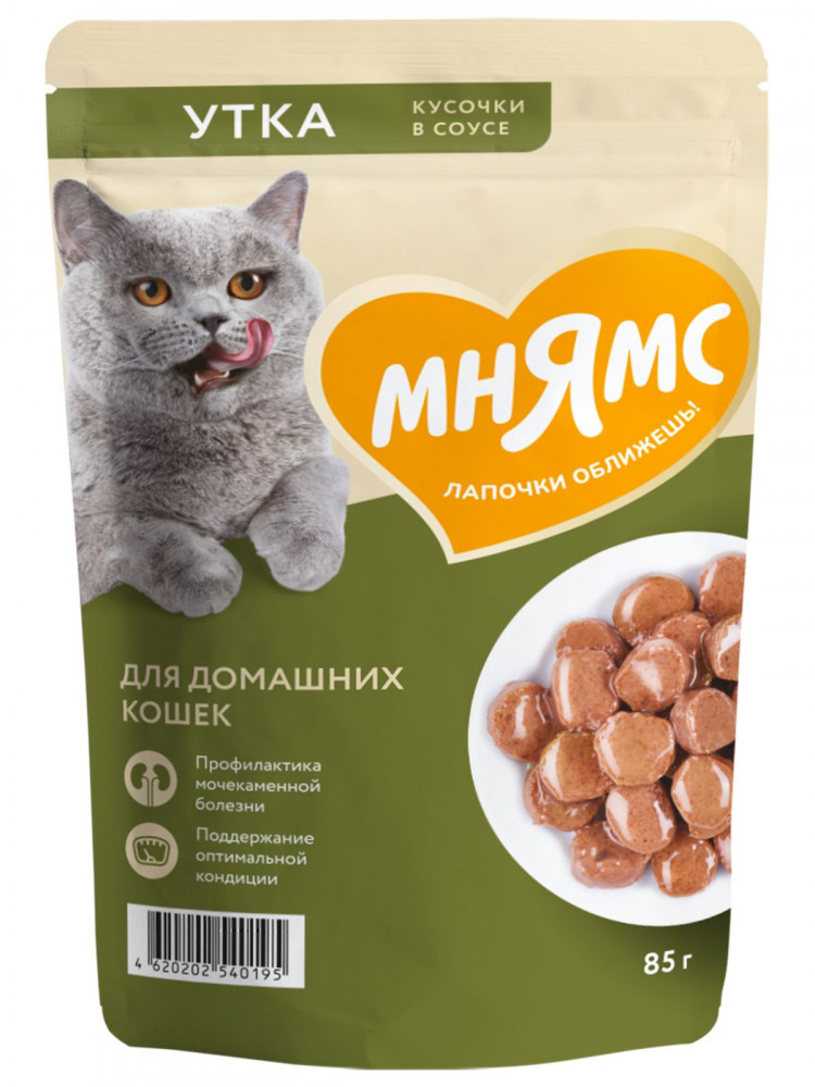 Влажный корм Мнямс На каждый день Кусочки в соусе с уткой для домашних кошек (упаковка 24 шт по 85 гр)