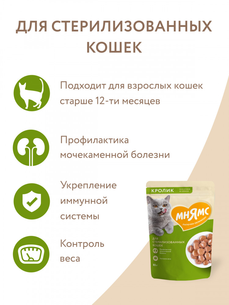 Влажный корм Мнямс На каждый день Кусочки в соусе с кроликом для стерилизованных кошек (упаковка 24 шт по 85 гр)