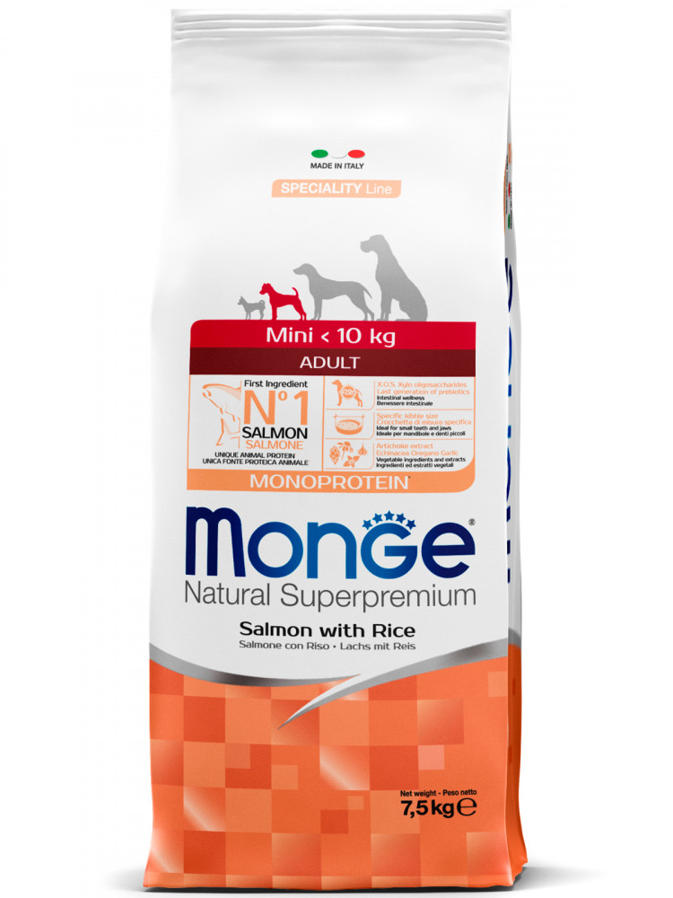 Сухой корм Monge Dog Speciality Line Monoprotein Mini, для взрослых собак мелких пород, из лосося с рисом