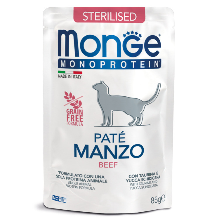 Влажный корм Monge Cat Monoprotein для стерилизованных кошек, из говядины, паучи, 85 г x 28 шт
