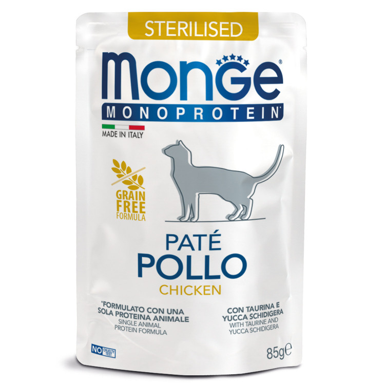 Влажный корм Monge Cat Monoprotein для стерилизованных кошек, из курицы, паучи, 85 г x 28 шт