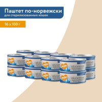 Влажный корм Мнямс Деликатес Лосось с яблоком для стерилизованных кошек "Паштет по-норвежски" (упаковка 16 шт по 100 гр)