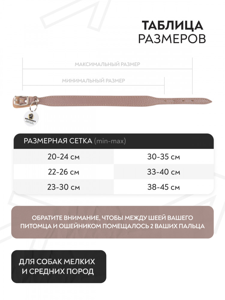 Ошейник Mr.Kranch для собак из натуральной кожи с QR-адресником 30-35см бежевый