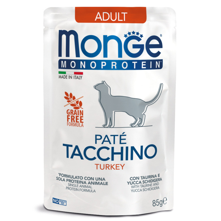 Влажный корм Monge Cat Monoprotein для взрослых кошек, из индейки, паучи, 85 г x 28 шт