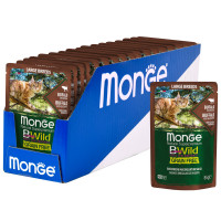 Влажный корм Monge Cat BWild GRAIN FREE для котят и кошек крупных пород, из мяса буйвола с овощами, паучи, 85 г x 28 шт