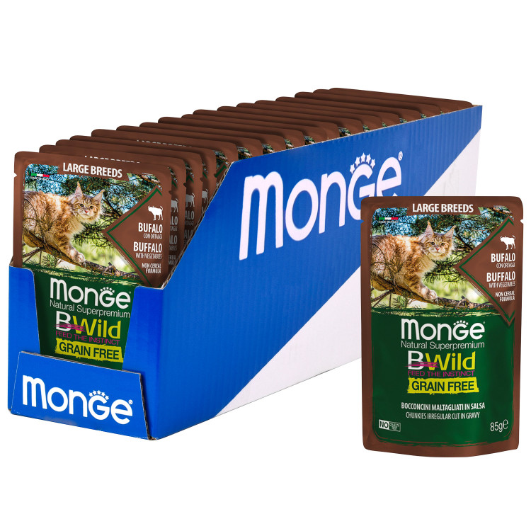 Влажный корм Monge Cat BWild GRAIN FREE для котят и кошек крупных пород, из мяса буйвола с овощами, паучи, 85 г x 28 шт