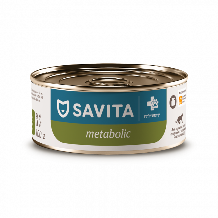 Влажный корм SAVITA Metabolic для кошек, ветеринарный диетический для снижения веса, склонных к ожирению (12 шт по 100 г)