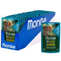 Влажный корм Monge Cat BWild GRAIN FREE для стерилизованных кошек, беззерновой, из тунца с креветками и овощами, паучи, 85 г x 28 шт