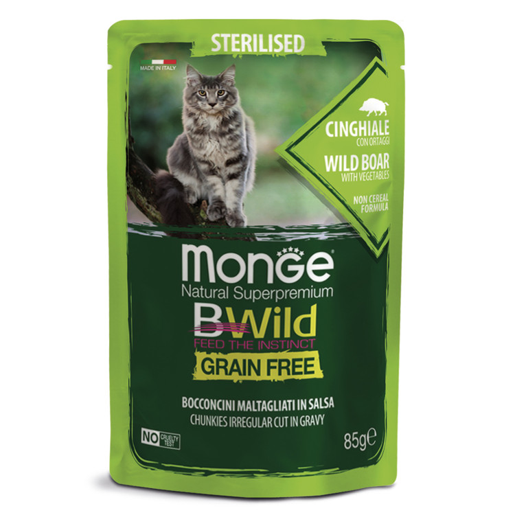  Влажный корм Monge Cat BWild GRAIN FREE для стерилизованных кошек, беззерновой, из мяса дикого кабана с овощами, паучи, 85 г x 28 шт