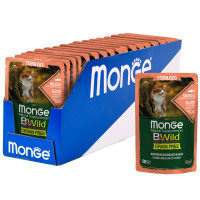 Влажный корм Monge Cat BWild GRAIN FREE для стерилизованных кошек, беззерновой, из лосося с креветками и овощами, паучи, 85 г x 28 шт