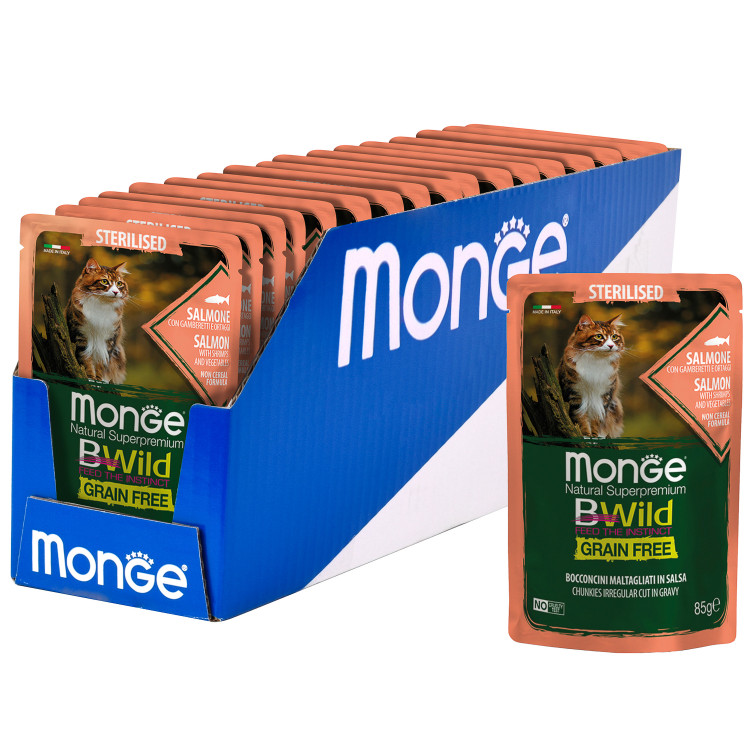 Влажный корм Monge Cat BWild GRAIN FREE для стерилизованных кошек, беззерновой, из лосося с креветками и овощами, паучи, 85 г x 28 шт