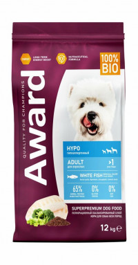 Сухой корм Award HYPO для взрослых собак всех пород с белой рыбой с добавлением брокколи, сельдерея и семян льна