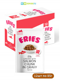 Влажный корм для кошек Петтрик, Pettric ERIES паучи Лосось с курицей кусочки в соусе (упаковка 12 шт по 85 г)