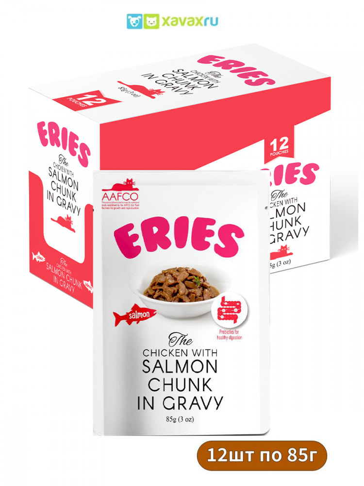 Влажный корм для кошек Петтрик, Pettric ERIES паучи Лосось с курицей кусочки в соусе (упаковка 12 шт по 85 г)