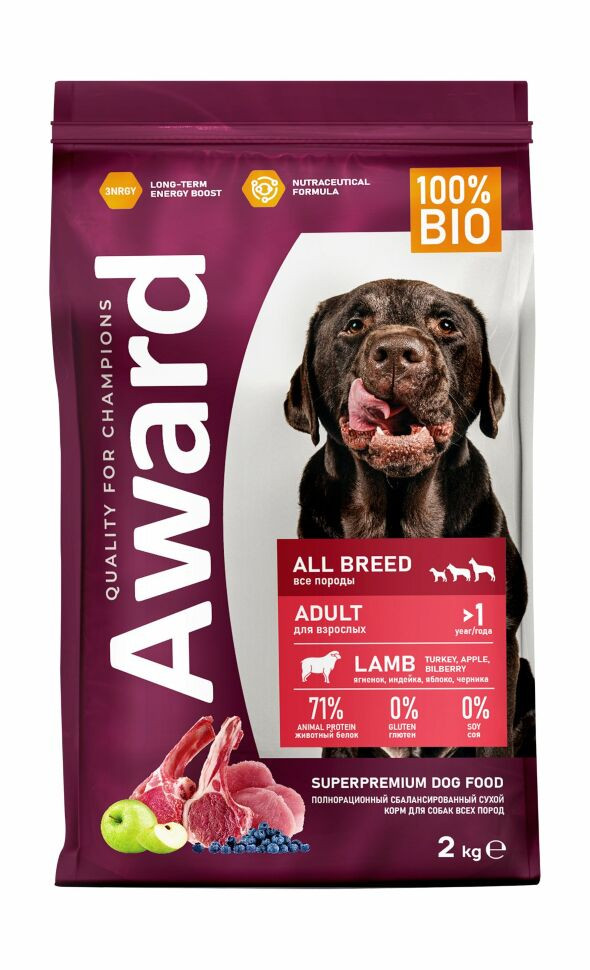 Сухой корм Award для взрослых собак всех пород, с ягненком с индейкой с добавлением яблока и черники