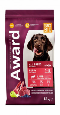 Сухой корм Award для щенков от 1 месяца, беременных и кормящих сук всех пород с ягненком и индейкой с добавлением яблока и черники