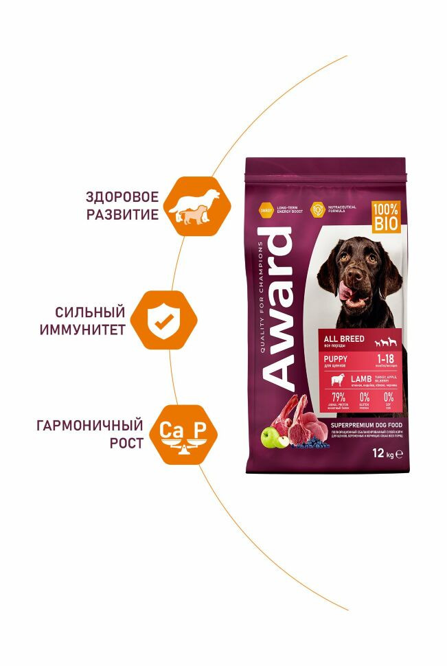 Сухой корм Award для щенков от 1 месяца, беременных и кормящих сук всех пород с ягненком и индейкой с добавлением яблока и черники