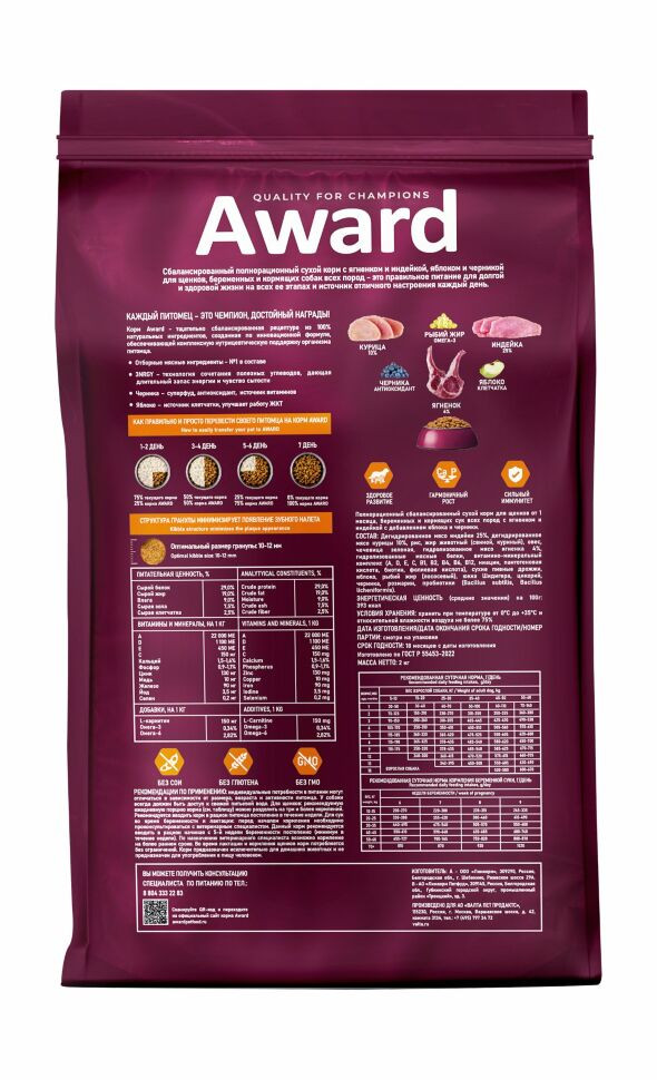 Сухой корм Award для щенков от 1 месяца, беременных и кормящих сук всех пород с ягненком и индейкой с добавлением яблока и черники