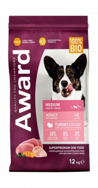 Сухой корм Award для взрослых собак средних пород с индейкой и курицей с добавлением моркови и черной смородины
